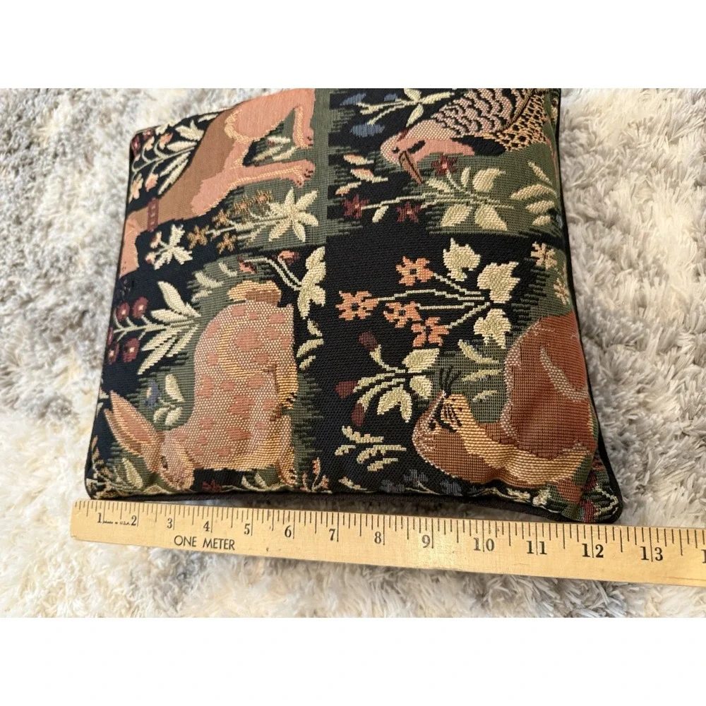 Vintage Millefleurs Tapestry Pillow Hunting Dog Rabbit Bird 12x12 Accent Cushion